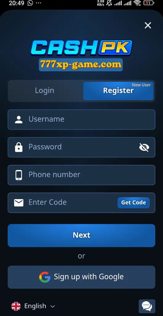 Cash PK app login and registration form with username and phone number fields